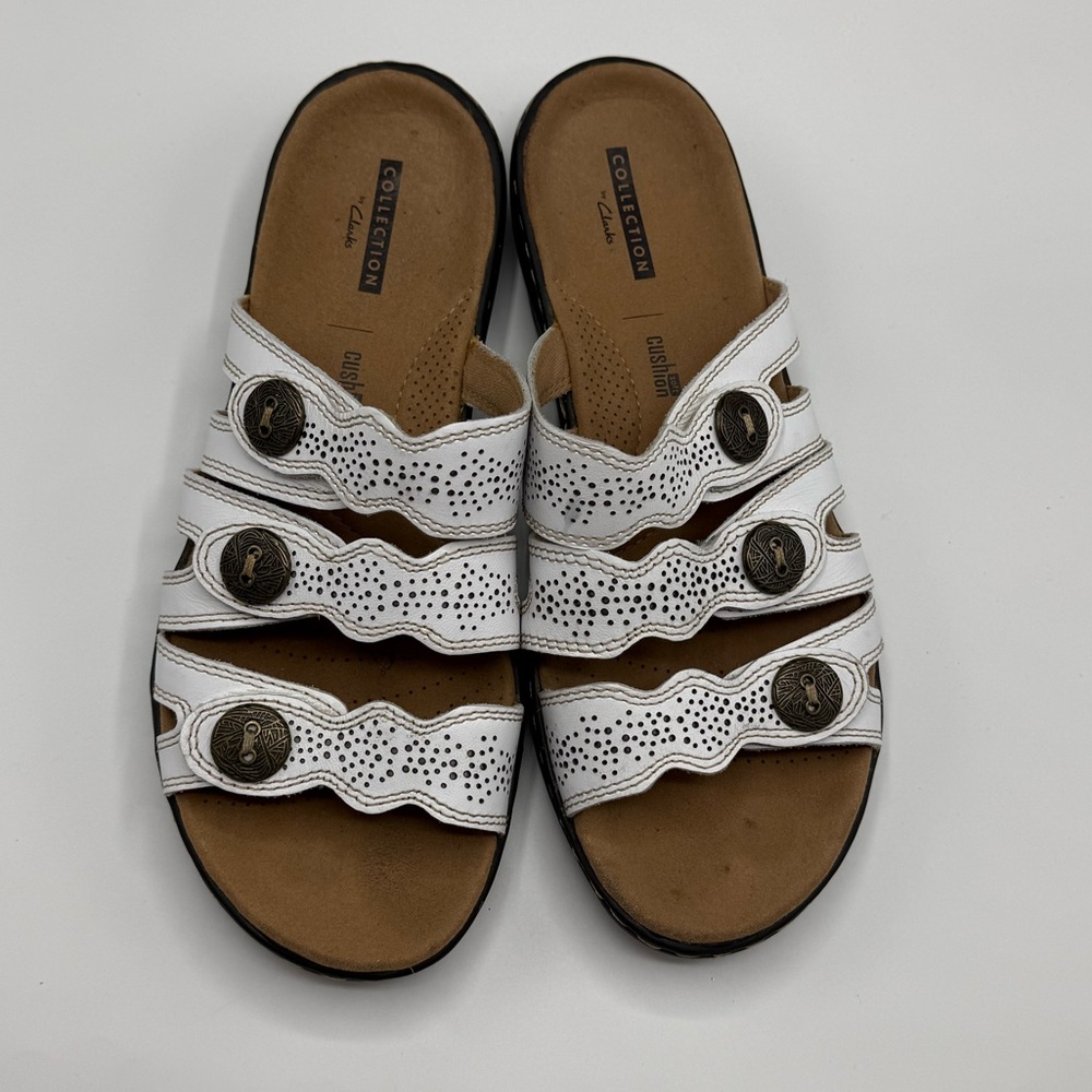 Clarks White Triple-Strap Slide Sandals with Decorative Buttons